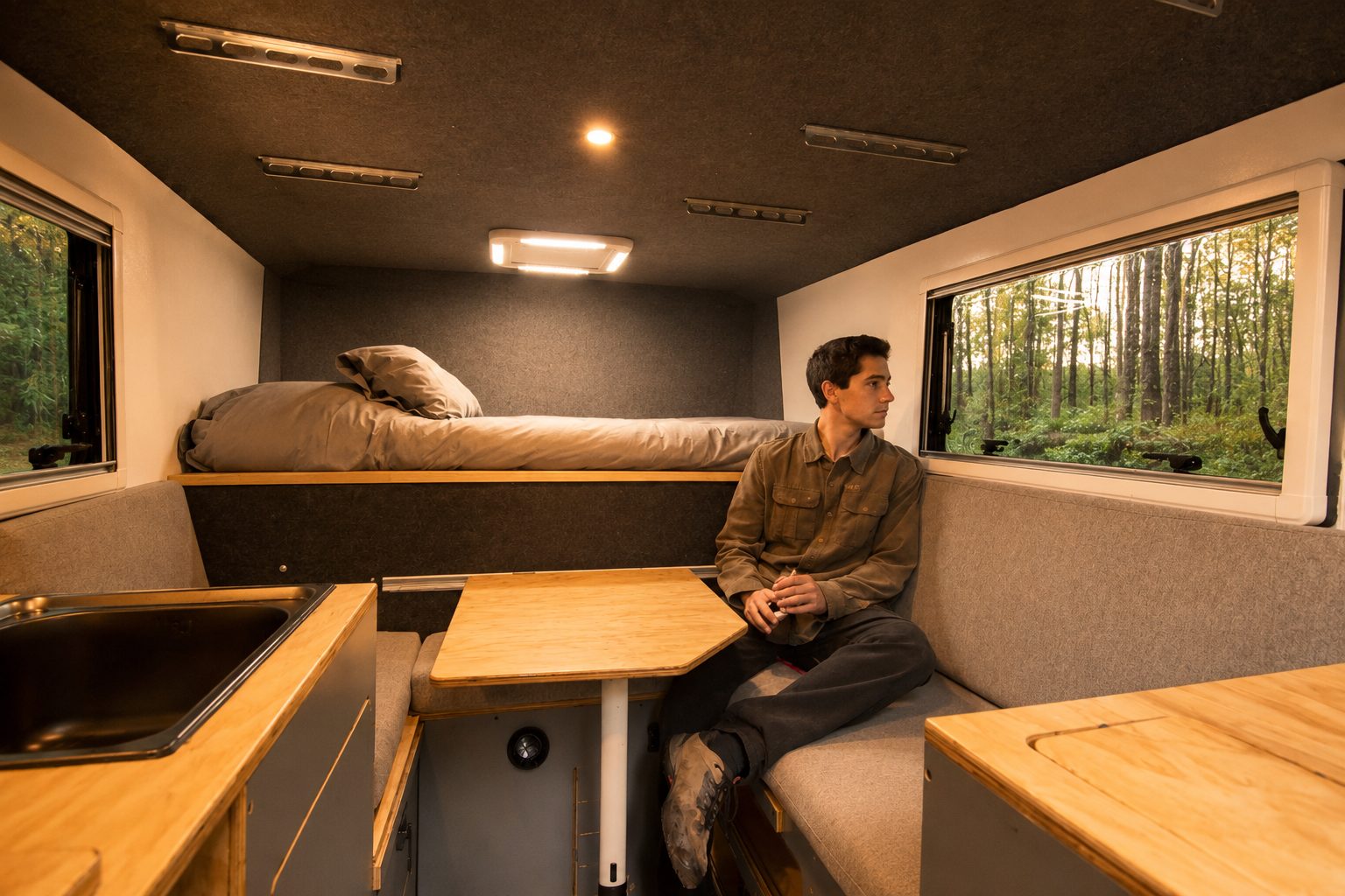 Interior de una camper truck con comedor, cama y cocina