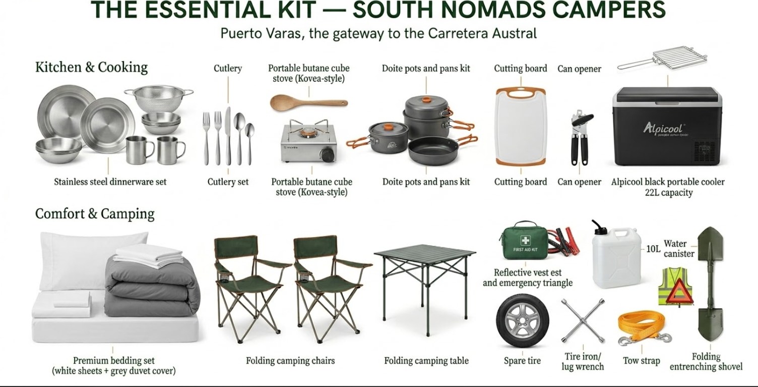 El kit esencial incluido en cada arriendo de South Nomads Campers